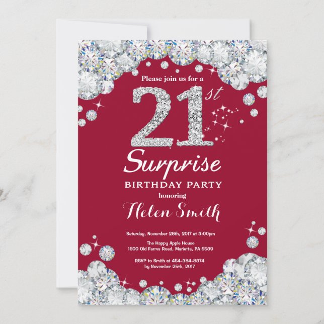 Invitación Sorpresa Cumpleaños 21 Burgundy Rojo Plata Diamant (Anverso)
