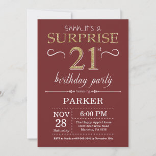 Invitación Sorpresa Cumpleaños 21 Cumpleaños Burgundy y Dorad