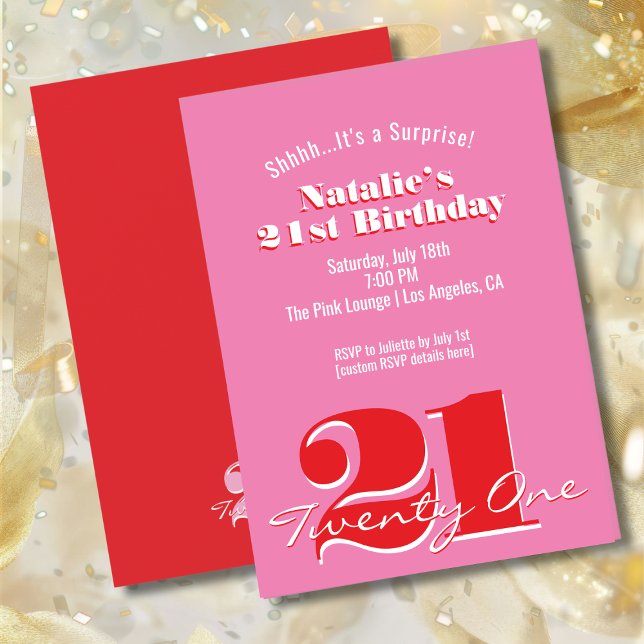 Invitación ¡SORPRESA! Cumpleaños 21 Moderno Rosa Rojo Minimal (Subido por el creador)