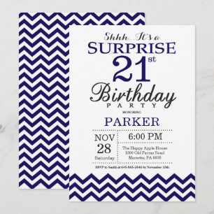 Invitación Sorpresa cumpleaños 21 Navy Blue Chevron