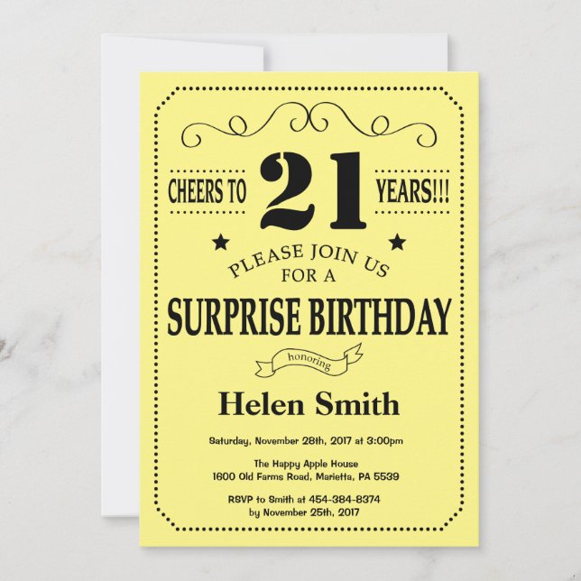Invitación Sorpresa cumpleaños 21 negro y amarillo (Anverso)