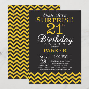 Invitación Sorpresa cumpleaños 21 negro y amarillo Chevron