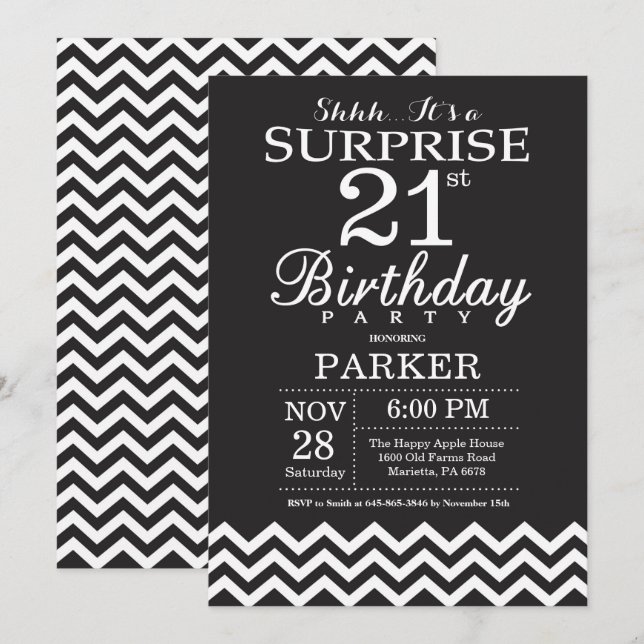 Invitación Sorpresa cumpleaños 21 negro y blanco Chevron (Anverso / Reverso)