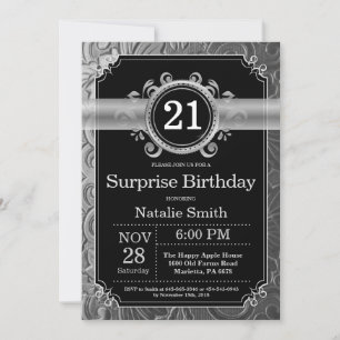 Invitación Sorpresa cumpleaños 21 negro y brillo plateado