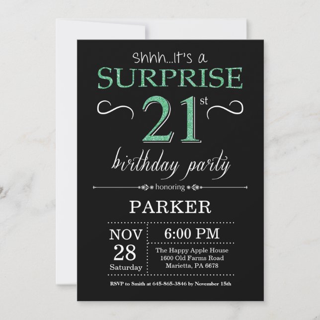Invitación Sorpresa cumpleaños 21 negro y brillo verde (Anverso)