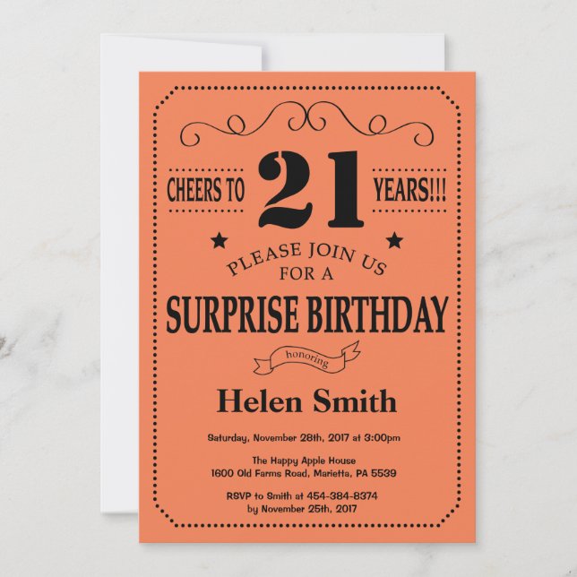 Invitación Sorpresa cumpleaños 21 negro y coral (Anverso)