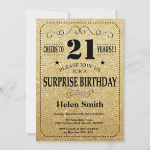 Invitación Sorpresa Cumpleaños 21 Negro y Dorado Brillante