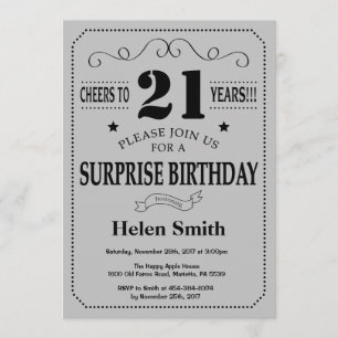Invitación Sorpresa cumpleaños 21 negro y gris plateado