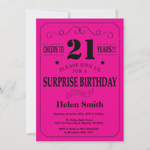 Invitación Sorpresa cumpleaños 21 negro y rosa caliente