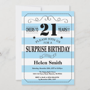 Invitación Sorpresa Cumpleaños 21 Rayas Azules y Blancas