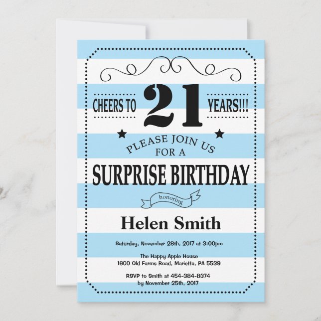 Invitación Sorpresa Cumpleaños 21 Rayas Azules y Blancas (Anverso)