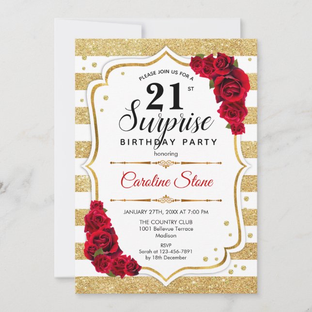 Invitación Sorpresa Cumpleaños 21 - Rojo Blanco Dorado (Anverso)