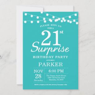 Invitación Sorpresa cumpleaños 21 Teal Aqua Turquesa