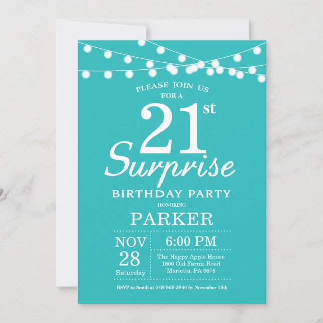 Invitación Sorpresa cumpleaños 21 Teal Aqua Turquesa (Anverso)