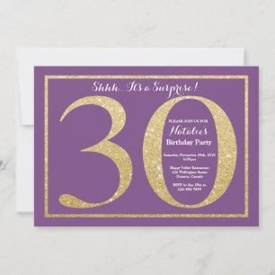 Invitación Sorpresa Cumpleaños 30 años Purpura y Dorado Brill