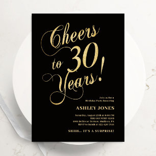 Invitación Sorpresa Cumpleaños 30 Elegante Dorado Negro