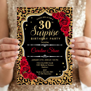Invitación Sorpresa Cumpleaños 30 - Leopardo Negro Rojo Dorad