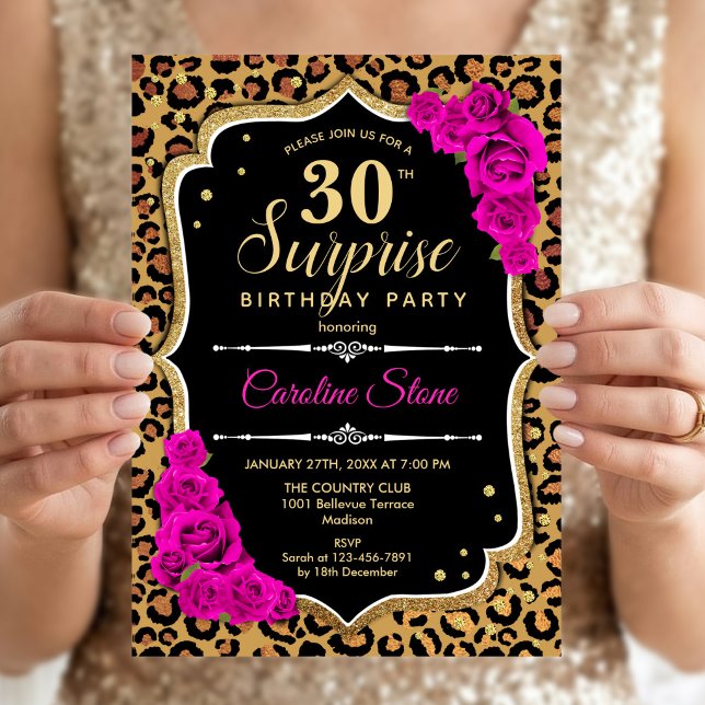 Invitación Sorpresa cumpleaños 30 - Leopardo negro rosa dorad (Subido por el creador)