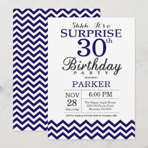 Invitación Sorpresa Cumpleaños 30 Navy Azul Chevron