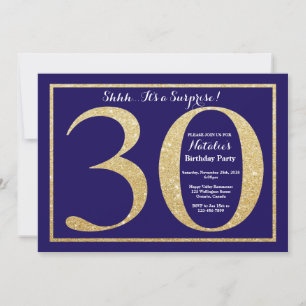 Invitación Sorpresa cumpleaños 30 Navy Blue y brillo dorado