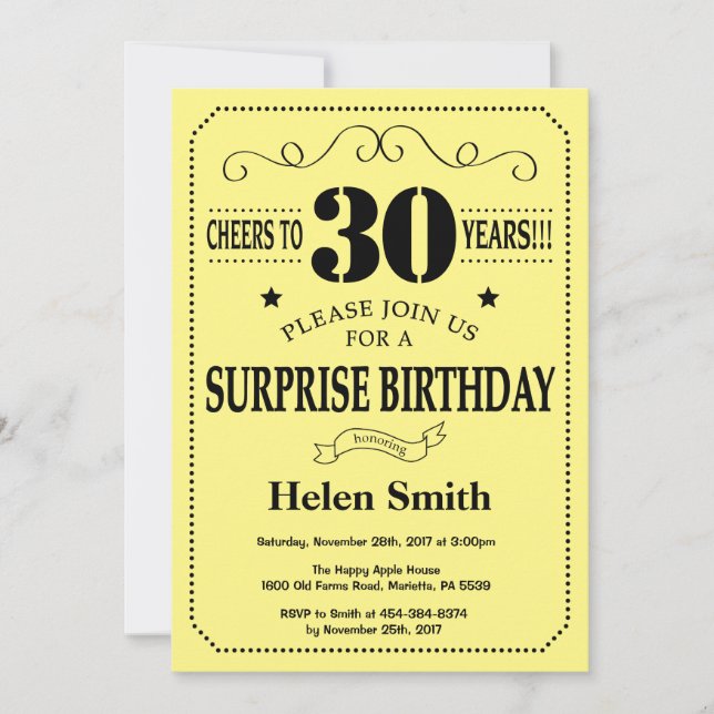 Invitación Sorpresa Cumpleaños 30 Negro y Amarillo (Anverso)