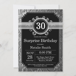 Invitación Sorpresa Cumpleaños 30 Negro y Brillo de Plata