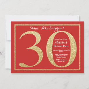 Invitación Sorpresa Cumpleaños 30 Rojo y Dorado Brillante