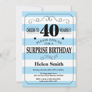 Invitación Sorpresa Cumpleaños 40 Azul y Blanco a Rayas