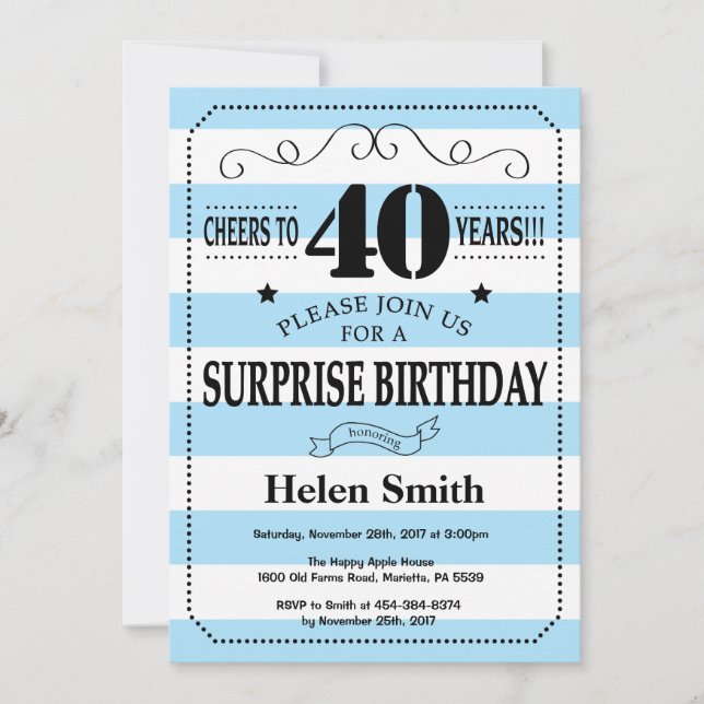 Invitación Sorpresa Cumpleaños 40 Azul y Blanco a Rayas (Anverso)