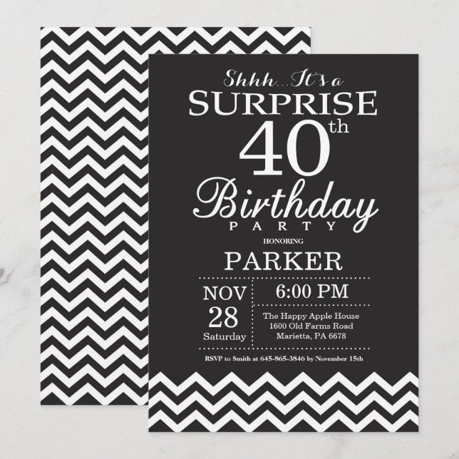Invitación Sorpresa Cumpleaños 40 Negro y Blanco Chevron (Anverso / Reverso)