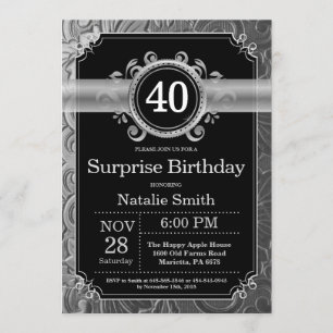 Invitación Sorpresa Cumpleaños 40 Negro y Brillo Plateado