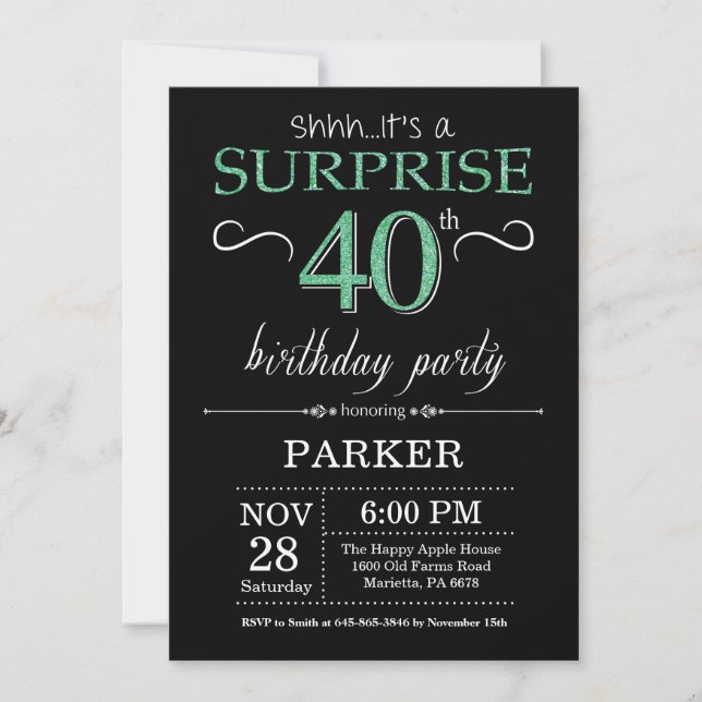 Invitación Sorpresa Cumpleaños 40 Negro y Brillo Verde (Anverso)