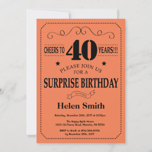 Invitación Sorpresa cumpleaños 40 negro y coral