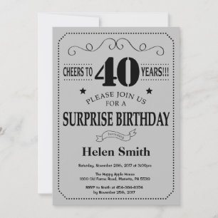 Invitación Sorpresa cumpleaños 40 negro y gris plateado