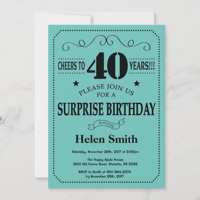 Invitación Sorpresa Cumpleaños 40 Negro y Turquesa (Anverso)