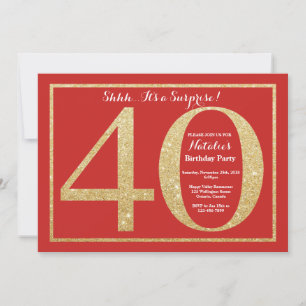 Invitación Sorpresa Cumpleaños 40 Rojo y Dorado Brillante