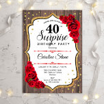Invitación Sorpresa cumpleaños 40 - Rosas rojas de madera rús<br><div class="desc">Invitación de sorpresa de cumpleaños número 40. Diseño rústico femenino con brillo falso dorado. Cuenta con patrón de madera,  rosas rojas,  letra script y confeti. Perfecto para una fiesta de cumpleaños elegante. Se puede personalizar para mostrar cualquier edad. Envíame un mensaje si necesitas más personalización.</div>