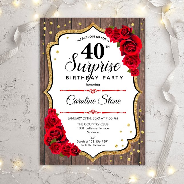Invitación Sorpresa cumpleaños 40 - Rosas rojas de madera rús (Subido por el creador)