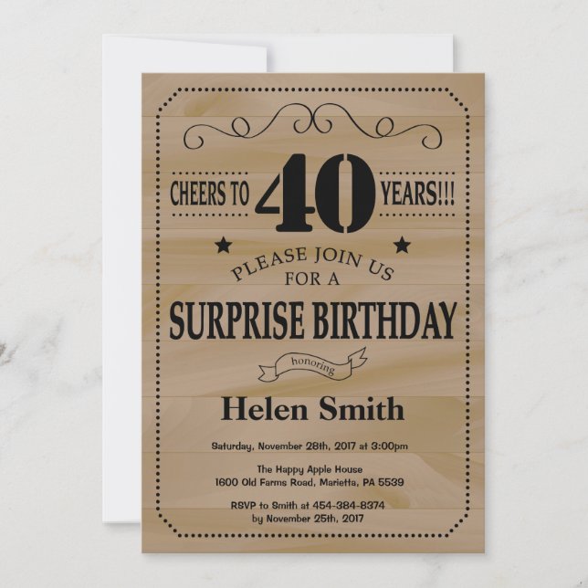 Invitación Sorpresa Cumpleaños 40 Rústico Madera (Anverso)