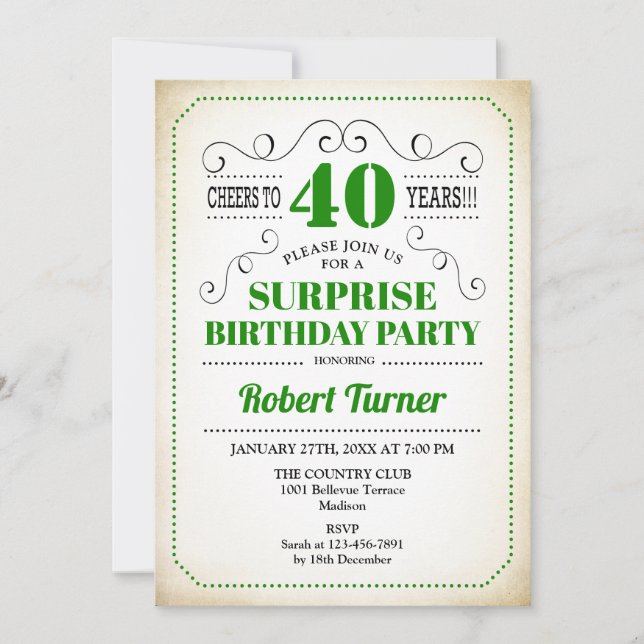 Invitación Sorpresa Cumpleaños 40 - Verde Blanco Negro (Anverso)