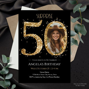 Invitación Sorpresa Cumpleaños 50 Brillante Dorado Foto