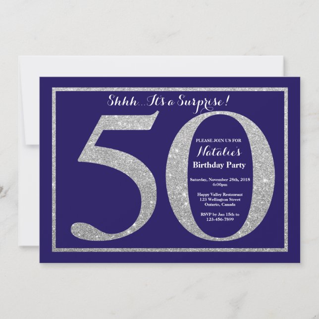 Invitación Sorpresa Cumpleaños 50 Navy Azul Plateado Brillant (Anverso)