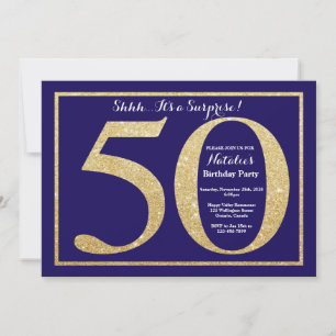 Invitación Sorpresa Cumpleaños 50 Navy Azul y Dorado Brillant