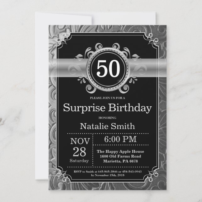 Invitación Sorpresa Cumpleaños 50 Negro y Brillo Plateado (Anverso)