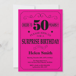 Invitación Sorpresa Cumpleaños 50 Negro y Rosa Caliente