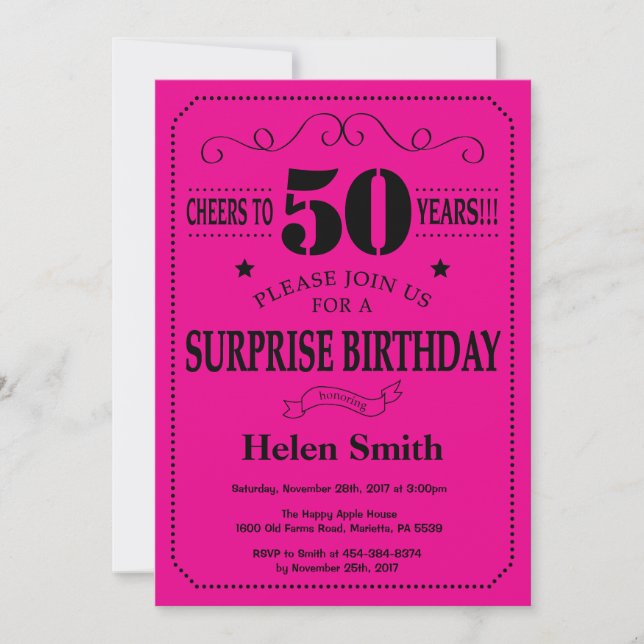 Invitación Sorpresa Cumpleaños 50 Negro y Rosa Caliente (Anverso)