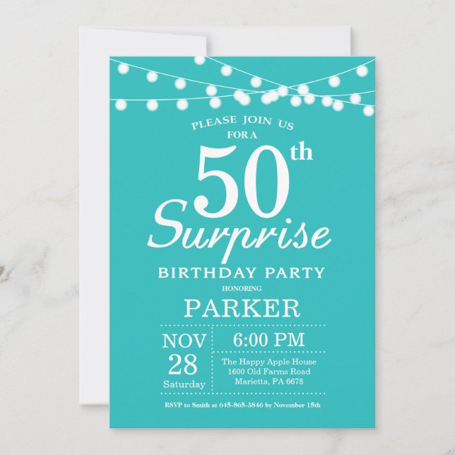 Invitación Sorpresa Cumpleaños 50 Teal Aqua Turquesa (Anverso)