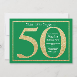Invitación Sorpresa Cumpleaños 50 Verde y Dorado Brillante