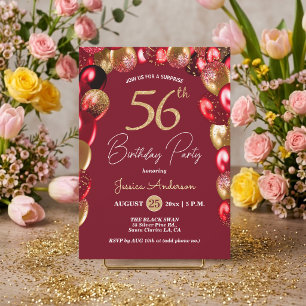 Invitación Sorpresa Cumpleaños 56 años Fiesta Dorado Burgundy