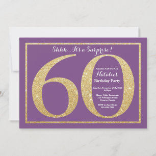 Invitación Sorpresa Cumpleaños 60 Años Purpura y Dorado Brill